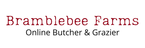 Bramblebee Farms logo consisting of the words Bramblebee farm in red with online butcher & grazier in black underneath